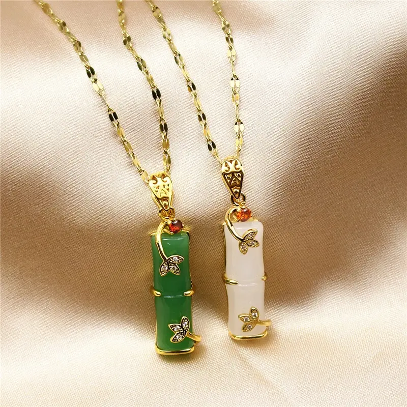 Korean Gold Plated Stainless Steel Chain Long Bamboo Joints Shape Green Resin Pendant Necklace For Women Girls