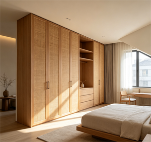 Armoire <span class=keywords><strong>de</strong></span> Plafond Incliné Moderne Écologique <span class=keywords><strong>de</strong></span> Classe E0, en Bois et Rotin, Sur Mesure, avec Coins Arrondis, pour Loft ou Grenier - Product Image 3