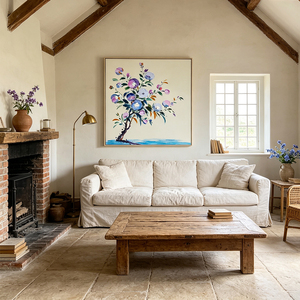 Tableau <span class=keywords><strong>mural</strong></span> minimaliste village côtier bleu canard impasto fait main déco maison hôtel villa - Product Image 2