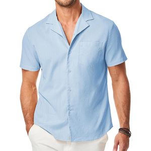 FOXA Men's Casual Short Sleeve Button <b>Down</b> Shirt Textured Cotton Poplin Breathable Vacation Shirt With Pocket Summer Beach - Product Image 1