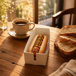 Caixas de Papel Cartão Marfim Personalizadas em Formato de Barco para Hot Dog, Bandejas para Waffle, Caixas para Hambúrguer e Corndog com Tampas e Relevo - Product Image 5