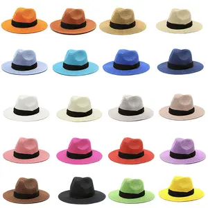 X20216 Frauen und Männer Floppy Strohhüte mit schwarzem Band 20 Farben einfarbig Sonnenhut Strand Panama Fedora Jazz Hut