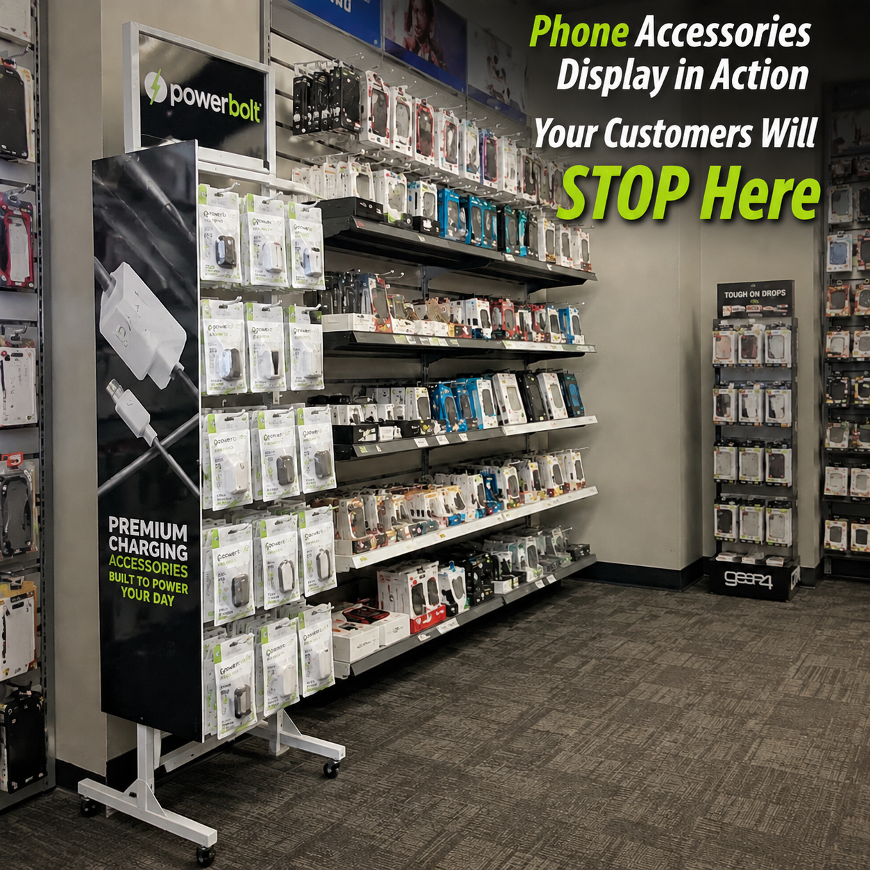 Custom Metal Mobile Phone Accessory Display Rack Floor Standing USB Cable Charger Stand Retail Fixture Gondola Gadget POS Rack — view 2