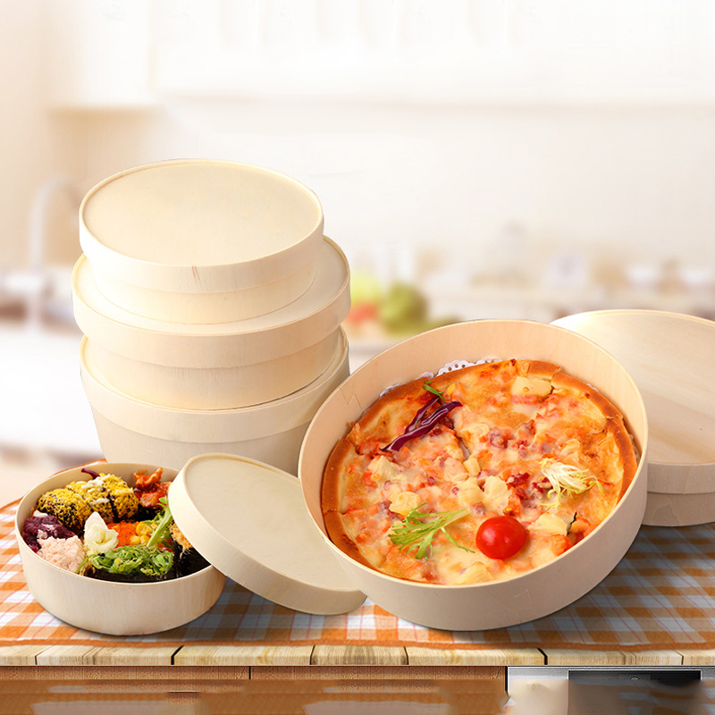 Luxe Eco-Vriendelijke Wegwerp Houten Voedselverpakking Sushi Doos Houten Kaastaart Gebak Salade Doos Kleine Ronde Pizza Dozen