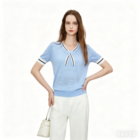 Haut en tricot décontracté pour femme, style preppy uni, respirant, à manches courtes, avec ourlet côtelé et col marin