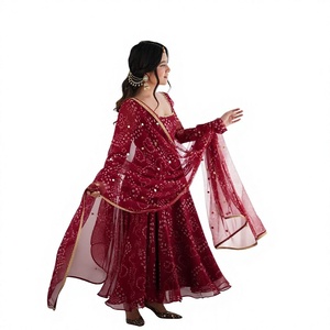 Women Modern <b>Indian</b> Pakistani Red Faux Fur <b>Kurti</b> Set with Dupatta Regular Fit Embossed Print Quick Dry Party Wear - Product Image 1