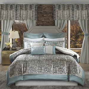 Juego de Ropa de Cama de Poliéster de Alta Calidad, 24 Piezas, Fundas de Almohada Jacquard con Estampado de Plantas Azules, Estilo Europeo, con Cortinas - Product Image 2