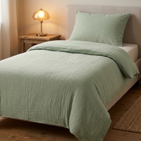 Housse de couette en coton mousseline lavé gris pour lit simple, avec taie d'oreiller vert sauge pour adolescents