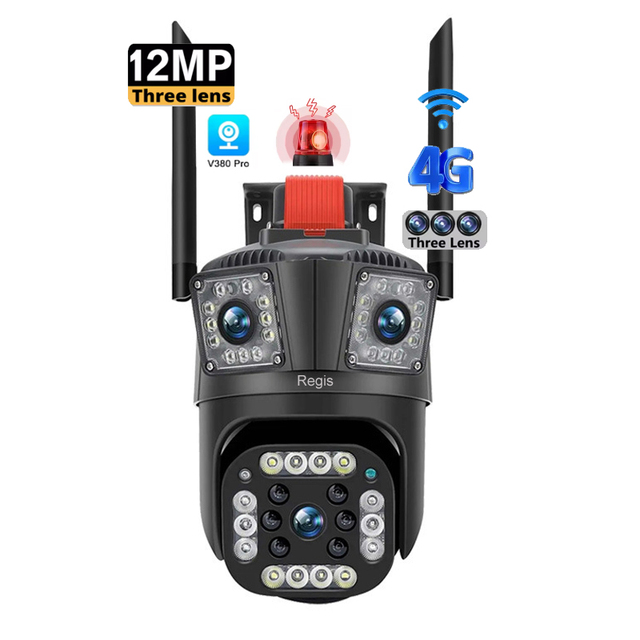 V380 Pro Wifi Outdoor Security Camera Three Lens Two Way Audio PTZ Three Screens IP Wireless Surveillance Wide Angle 4g Sim Card