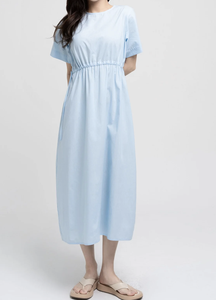 Light Blue Crew Neck Modern Knee-Length Streetwear Breathable <b>Dress</b> Drawstring Elastic Waist Short Sleeve Casual Summer Woven - Product Image 5