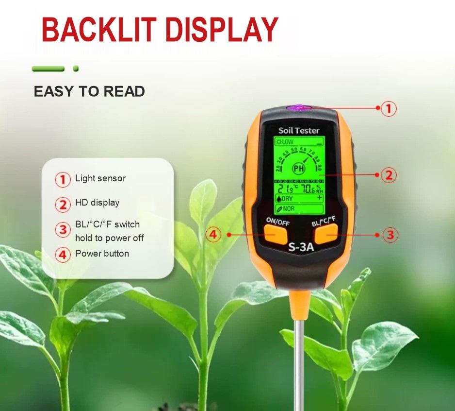 4 in 1 Digital Soil Tester pH Meter Moisture Temperature Light Tester ...