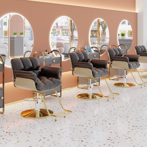 Silla de peluquero reclinable vintage moderna con asiento de cuero y Marco de metal con base de madera para corte de pelo de salón y sala de estar - Product Image 3