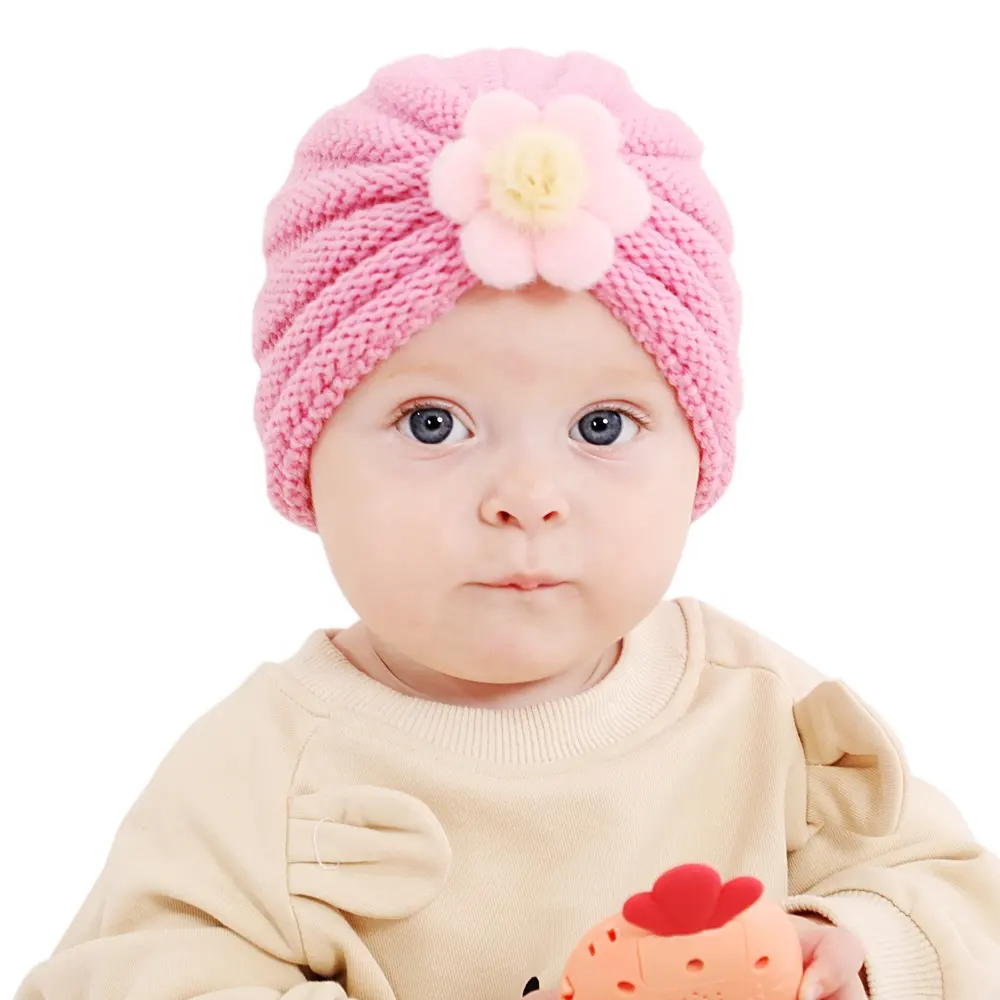 Sonbahar ve kış modelleri çocuk sıcak örme şapka 21 düz renk bebek yün büyük çiçek örme bere şapka