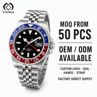 Montre GMT avec logo personnalisé, double fuseau horaire, lunette verte et noire, remontage automatique, bracelet en acier inoxydable à cinq maillons, montres-bracelets pour hommes à double fuseau horaire