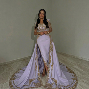 Robe Badroune Traditionnelle Lavande Dorée Brodée à la Main, Tendance et Élégante, Style Femme, en Crêpe Banane, Coupe Classique - Product Image 1