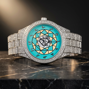 Montre de luxe en acier inoxydable avec cadran turquoise, mouvement à quartz analogique, bracelet entièrement serti de pierres, unisexe, boîtier rond de 40 mm - Product Image 1