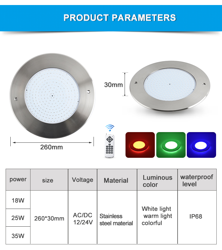 Description Picture 4 of itemUltra Slim 260mm Ip68 Waterproof 12V 25W 35W RGB Stainless Steel Underwater Wall Mounted Led Thin Swimming Pool Lighting