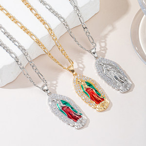Elegante Collar <span class=keywords><strong>de</strong></span> <span class=keywords><strong>la</strong></span> <span class=keywords><strong>Virgen</strong></span> <span class=keywords><strong>de</strong></span> Guadalupe, Colgante Religioso con Cadena Figaro Esmaltada, Tono <span class=keywords><strong>Oro</strong></span>/Plata, Borde <span class=keywords><strong>de</strong></span> Circonitas, Joyería para Mujer, Regalo - Product Image 6
