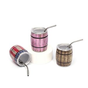 Wood-grain Wood Barrel-shaped Beer Cup Made of Stainless Steel with a Straw Coffee Mug - Product Image 5