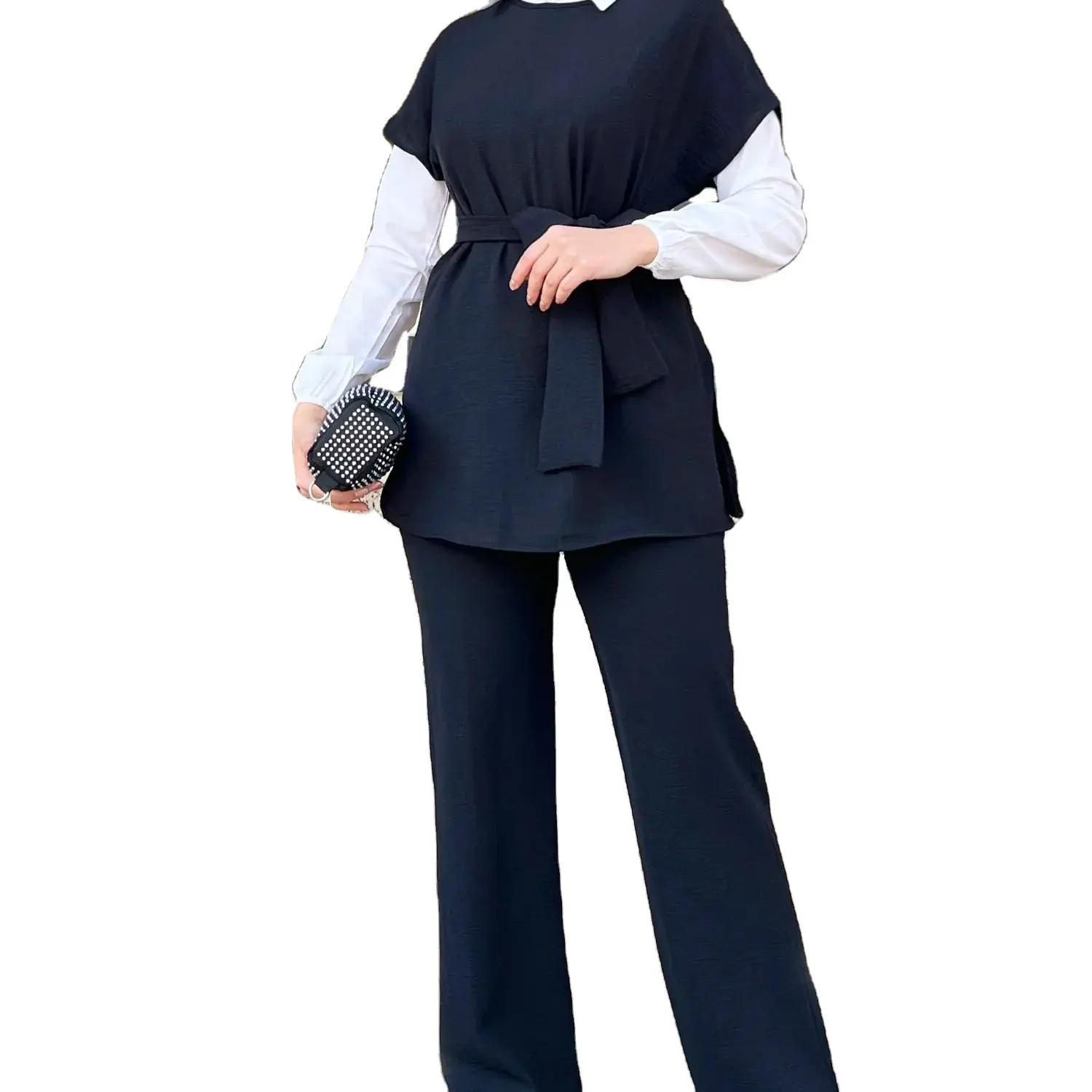 Black Blouse And Trousers Combination Belted At The Waist, Comfortable For Daily Use Set 100% Polyester