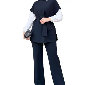 Combinación de blusa y pantalones negros con cinturón en la cintura, conjunto cómodo para uso diario 100% poliéster