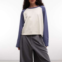 Blusa de Manga Larga para Mujer, Moderna, con Bloques de Color Blanco y Azul en Contraste, Corte Regular, Algodón Suave, Estilo Casual de Verano