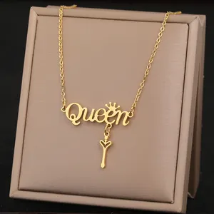 Stainless Steel Necklaces Letter Love Queen Crown Key Delicate Pendants Choker Lady Chains Necklace For Women Jewelry Wedding