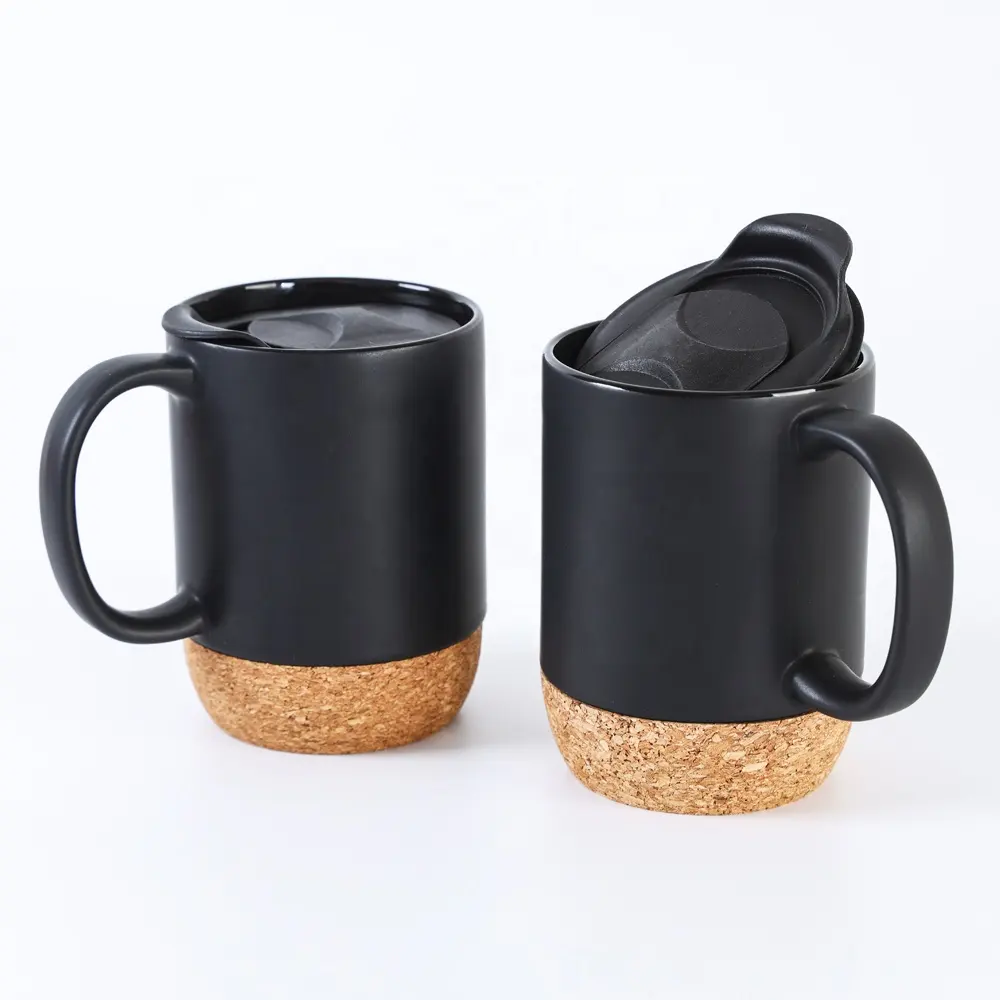 12oz fashion coffee cup matte black decal ceramic mug with insulated cork and splash proof lid