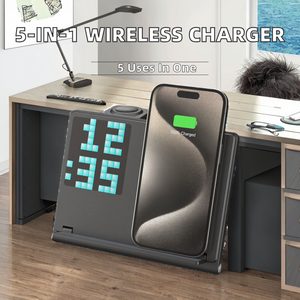Nuevo <span class=keywords><strong>Cargador</strong></span> Inalámbrico Plegable 5 en 1 con Soporte, QC2.0, PD, Reloj Despertador LED, Lámpara de Mesa, Reloj para Teléfono - Product Image 2