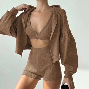 Conjunto de 3 piezas de punto sexy para mujer, ideal para el verano: <span class=keywords><strong>blazer</strong></span> midi con lazo en el cuello, top corto y shorts deportivos casuales con capucha. ¡Gran oferta! - Product Image 5