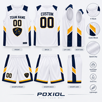 Ensemble de maillots de basket-ball personnalisés blanc, marine et jaune, col en V, blocs de couleur, sublimation, tenue d'équipe, vente en gros, uniforme personnalisé pour les États-Unis