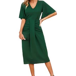 Vestidos Midi de Mujer al por Mayor, Personalizados, OEM, de Alta Calidad, con Cuello en V, Color Sólido, Cintura Ajustada, Mangas con Volantes, Diseño Elegante - Product Image 2