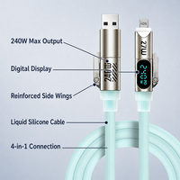 Câble de charge rapide 4-en-1 240W avec affichage numérique et blindage en nylon tressé, garantie 12 mois, options Type-C et iOS