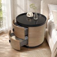 Mesita de Noche Redonda Moderna de Madera con Dos Cajones y Bandeja Superior Elevada, en Roble Natural, para Dormitorios de Hotel y Villa