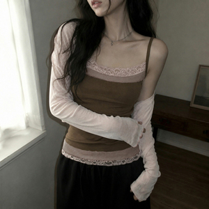 เสื้อชั้นในสตรีสีตัดกันลูกไม้เสื้อสายเดี่ยวทรงสลิมฟิตเสื้อกล้ามสายเดี่ยวนุ่มยืดได้สำหรับฤดูร้อน - Product Image 2