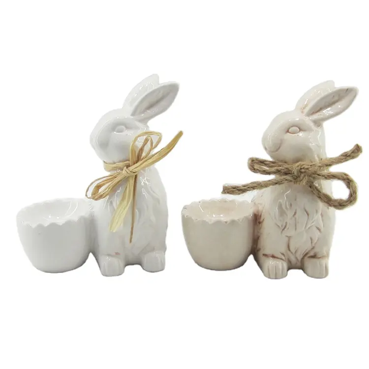 Conejito de Pascua tradicional, artesanías sentadas con soporte para huevos, decoración de cerámica de tamaño personalizado