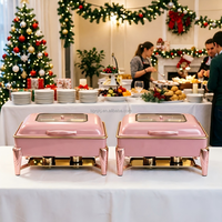 Plat à réchaud rectangulaire rose 9L avec couvercle transparent, en acier inoxydable, idéal pour mariages, fêtes, banquets de Noël et maintien au chaud des aliments