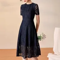 Robe midi en dentelle ajourée pour femmes, col rond, manches courtes, tenue décontractée d'été
