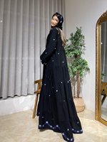 Abaya de Luxe Noire Hafizah pour Femme, Robe de Soirée Musulmane Bleu Foncé Broderie Florale, Kaftan Élégant Dubaï Turquie 2026