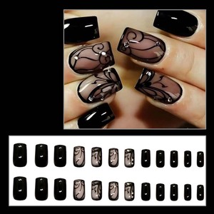 Haute qualité noir <span class=keywords><strong>court</strong></span> couverture complète presse sur ongles fête porter <span class=keywords><strong>Nail</strong></span> <span class=keywords><strong>Art</strong></span> avec strass ABS réutilisable faux ongles - Product Image 6