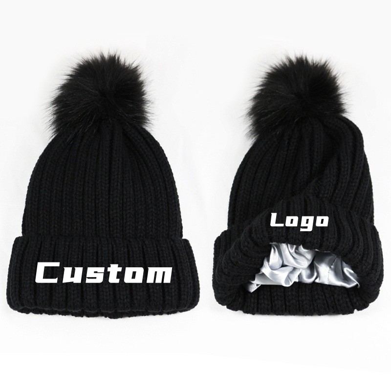 Mode Unisex Gebreide Custom Beanie Hoeden Verwijderbare Pom Bulk Winter Vlek Bekleed Zijden Binnenkant Mutsen