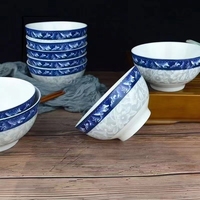 Blau-weiße Porzellanschalen, gewerbliches Restaurantgeschirr, große Schalen, Reisschalen, Fischschalen, Suppenschalen