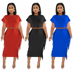 Kanal rahat düz renk elastik bel saçaklı yan püskül Bodycon kalem kadınlar için iki parçalı elbise setleri 2023