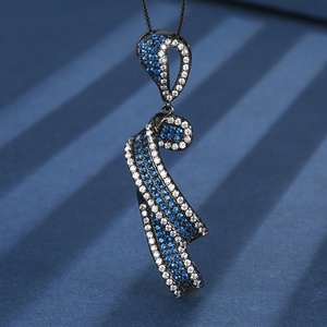 New Arrivals Eco-friendly Copper Black Gold Plated Blue Cubic Zirconia Pendant Necklace <b>Earrings</b> Ring Set Jewelry Set for Womens - Product Image 4