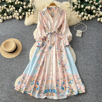 Robe chemise élégante à imprimé floral pour femmes WIWT, col en V, manches longues, ceinture, robe longue décontractée pour les vacances, robes pour femmes
