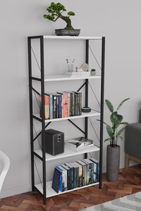 Modern Commercial Metal Display Shelf with Wooden Shelves 5-Shelf Freestanding <b>Bookcase</b> Living Room Furniture for Home Storage - Product Image 4