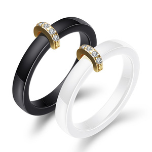 <b>Ceramic</b> 3Mm Minimalist Micro Inlaid Zircon Black And White Couple Half Round <b>Ring</b> For Women Engagement Jewelry - Product Image 1