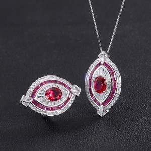Bijoux de mode écologiques en cuivre, ensemble bague et collier pour femme avec zircon rouge 8*10MM, design encastré, pour un cadeau de la Saint-Valentin - Product Image 3