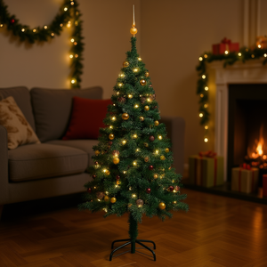 Sapin de Noël artificiel en PVC vert de 70,9 pouces pré-éclairé avec un ensemble de boules, base de support, lumières LED chaudes d'intérieur, léger et facile à monter - Product Image 2