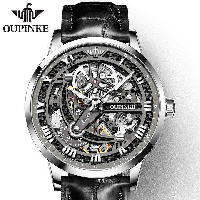 Oupinke 3173 Top Brand Luxury Mens Leather Wristwatch Automatic Watch Classic Skeleton  Sapphire Waterproof  Mechanical Watch